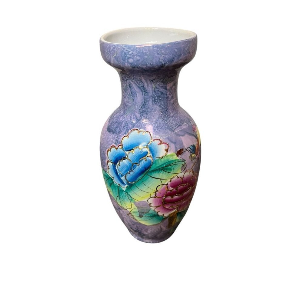 Purple Blue Cloisonne Vase with Pink/Red/Blue Flowers Bird 10" Chinese Porcelain